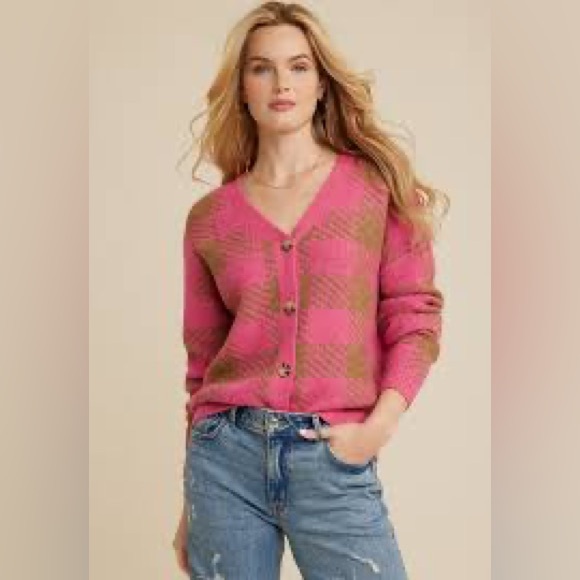 Women's Maurices pink plaid cardigan, size L - Picture 1 of 13